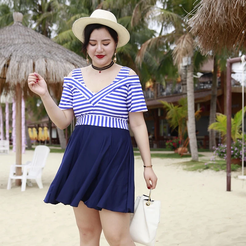

2018 one piece swimsuit 7XL plus size swimwear women striped padded beachwear dress bandage deep V bathing suit surfing suit