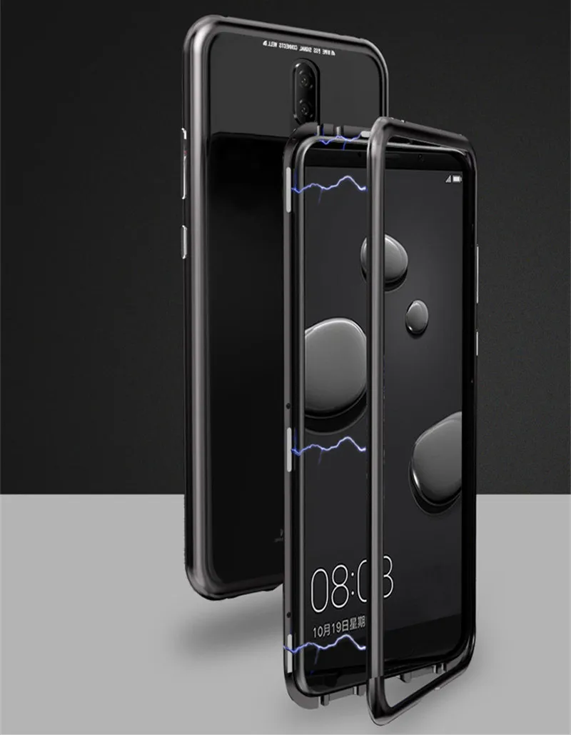 

Magnetic Cases For OnePlus 6 One Plus 6 Case Slim 2 in 1 Aluminum Metal Magnet Bumper + Tempered Glass Cover With Glass Film