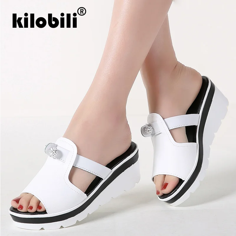 

kilobili 2019 Summer Women Flat Platform Slippers Slides Sandals Shoes Slip On White Leather Flip Flop Flat Wedge Female Sandals