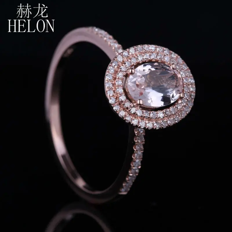 HELON женские ювелирные изделия 7x5 мм Овальный 0.62ct морганит 0.25ct алмаз два Halo обручальное кольцо установочное Твердое 14 к розовое золото