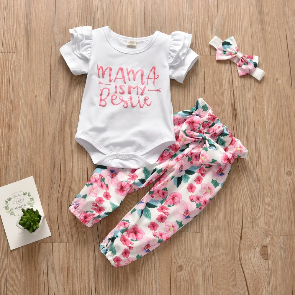 Комплект одежды из 3 предметов для новорожденных девочек, топы с короткими рукавами и оборками «Mommy is My Bestie», повседневные штаны с цветочным принтом повязка на голову, Одежда для младенцев