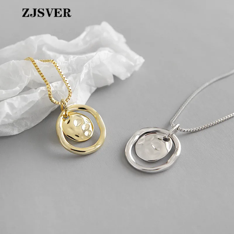 

ZJSVER Fine Jewelry 925 Sterling Silver Necklace Irregular Bump Round Pendant Minimalist Golden/Silver Women Chain Necklace