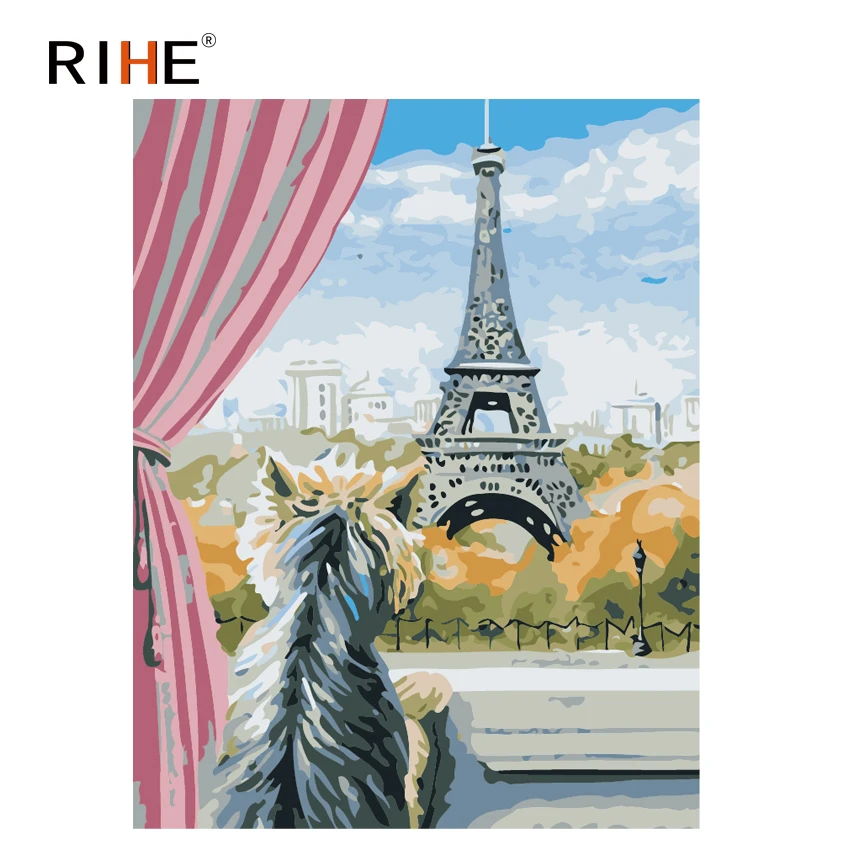 

RIHE Tower View Diy Painting By Numbers Abstract Dog Oil Painting On Canvas Cuadros Decoracion Acrylic Wall Picture 40X50CM Gift