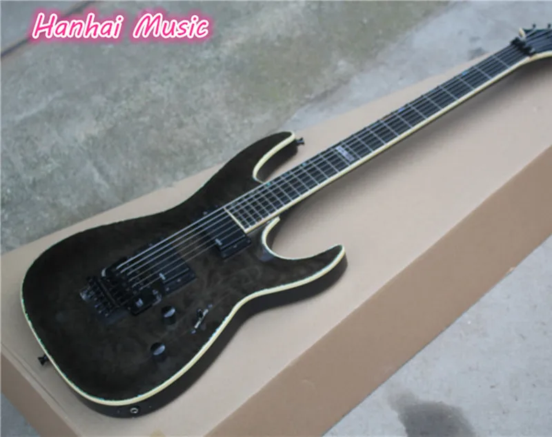 

6-String Electric Guitar,Black Color,Quilted Maple Veneer,Black Hardware with Floyd Rose,Abalone Binding and can be Customized