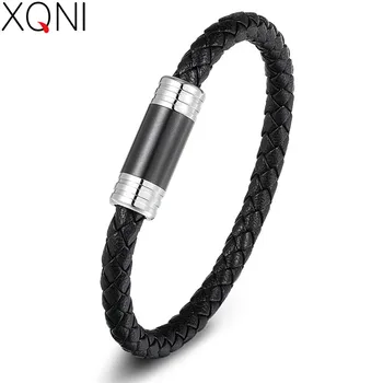

XQNI 2018 New Leather Charm Bracelet Black/Steel Color Men Genuine Leather Bracelet Fine Jewelry For Men Birthday Party Gift