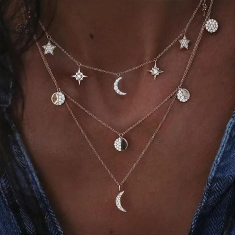 

Tocona Boho Chain Necklace Geometric Crystal Stars Moon Pendant Necklaces Layered Charm Necklace Jewelry Accessories 6759