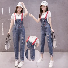 Harajuku hole denim bib female wide leg loose female student straps jumpsuit girls condole belt jumpsuits
