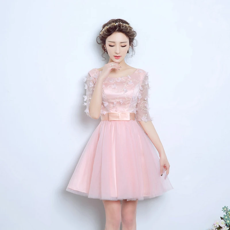 WB662 Short Homecoming Dresses Prett Girls Birthday Party Graduation Prom Gown Floral Lace Half Sleeve Pink Dress | Свадьбы и