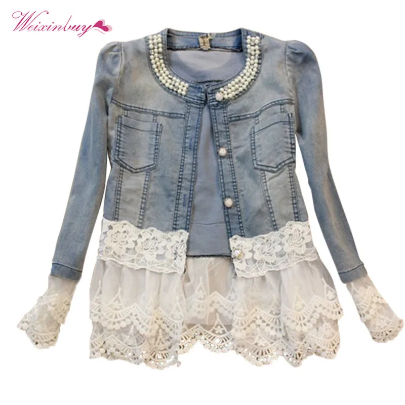 

Female Casual Acrylic Lace Patchwork Denim Jackets Women Long Sleeve Spliced Regular Single Breasted Outwear.