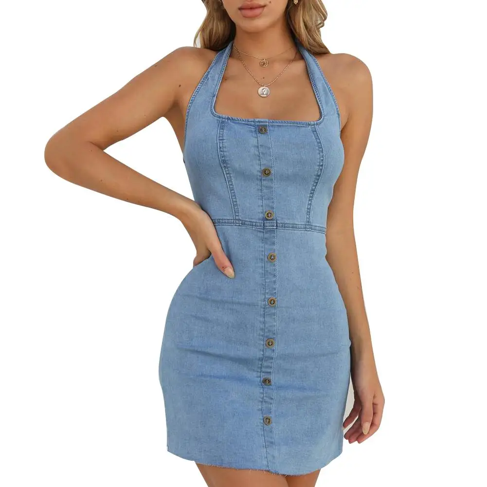 Women Summer Button Zipper Denim Bodycon Sexy Halter Neck Sleeveless