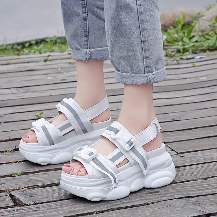 

2019 Summer Women's Shoes Flat Casual Sandals Platform Shoes Wedges(8cm) Outside Hook&Loop Sandals Round-toe Open Toe EUR34-39