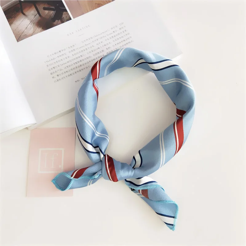 Women 50*50 Small Soft Hair Tie Band Decorative Multifunctional Head Scarf Multicolor Stripe Print Kerchief Neck Elegant Square