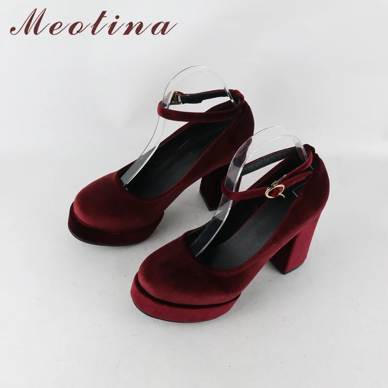 Meotina/женские туфли-лодочки бархатные туфли на платформе и высоком каблуке г. Фиолетовые Вечерние туфли на толстом каблуке с ремешком на щиколотке обувь черного и синего цвета, размеры 34-39