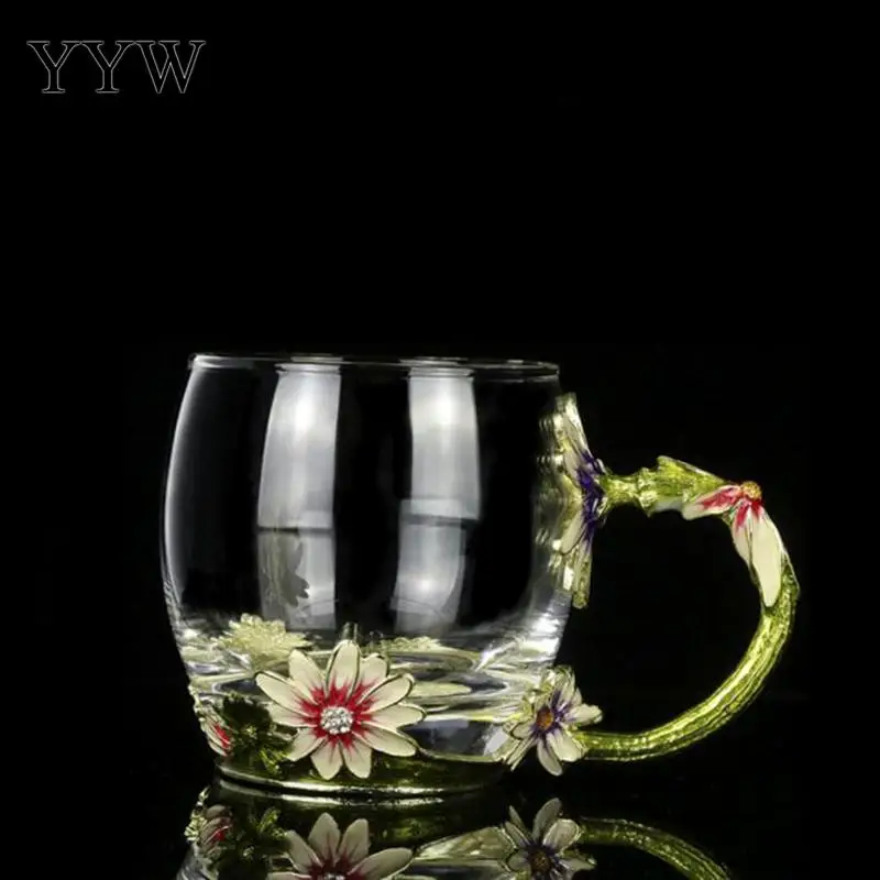 1pcs Daisy Enamel Crystal Cup Flower Tea Glass High-Grade Glass Water Cups Flower Mug With Handgrip Mugs Gift For Lover Wedding