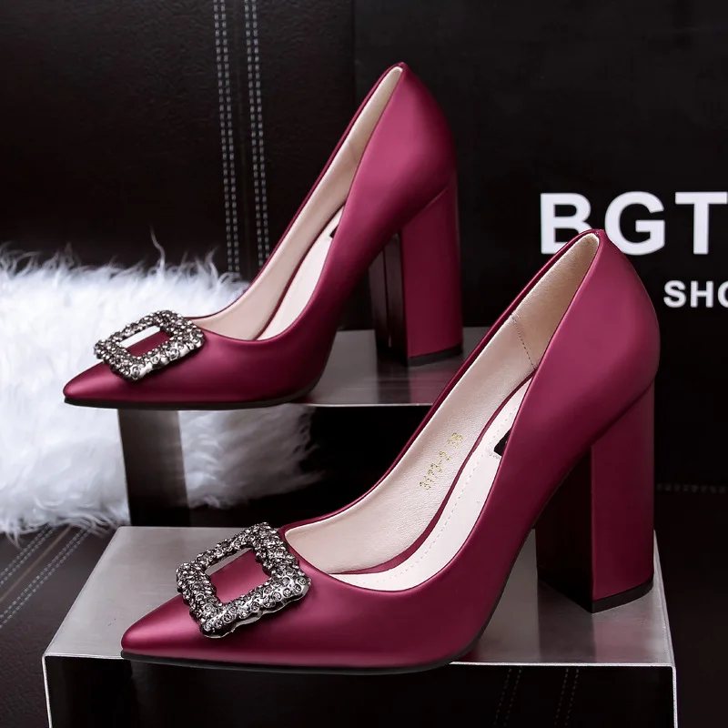 

New thick with women's single shoes work shoes shallow mouth buckle rhinestone pointed OL women's high heels women shoes