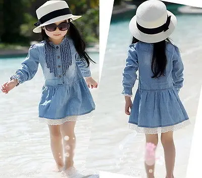 

2016 Summer Hot-selling Baby Kids Girl 2-8Y Blue Denim Lace Long Sleeve Casual Dress Clothes