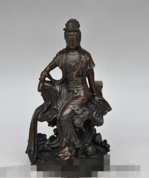 

S00342 10"china buddhism bronze lotus seat Freedom Kwan-Yin Bodhisattva Goddess statue B0403