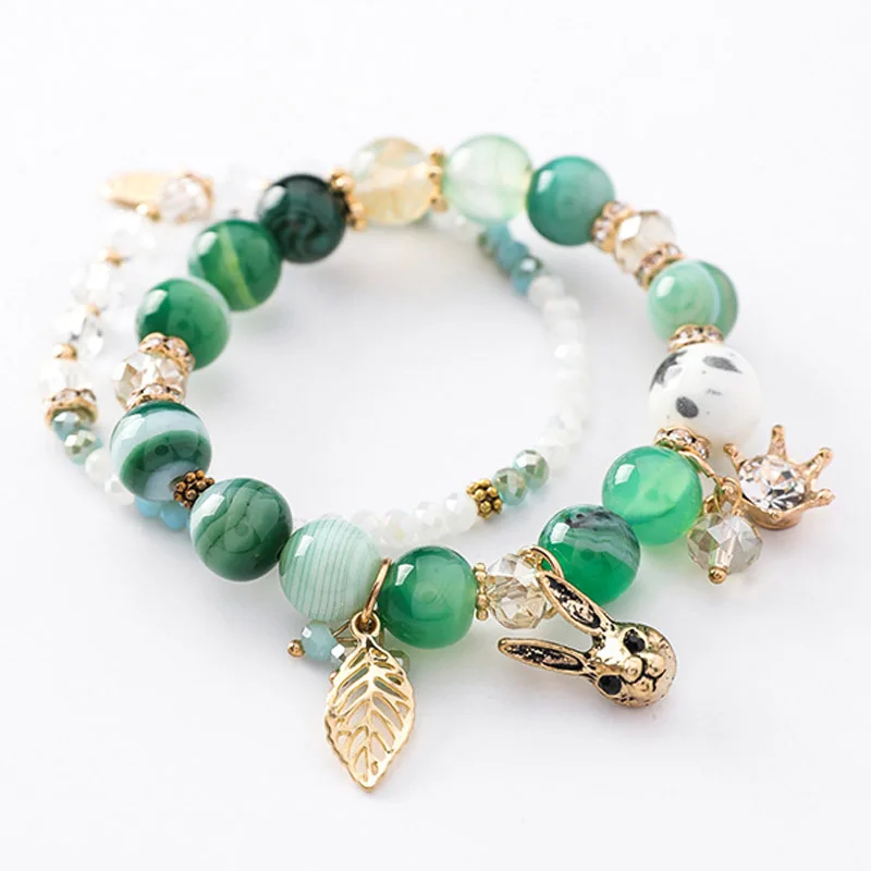 

Korean Funny Double Layers Crystal Beaded Rabbit Leaf Pendant Bracelet & Bangle for Women Girls Charm Statement Party Jewelry