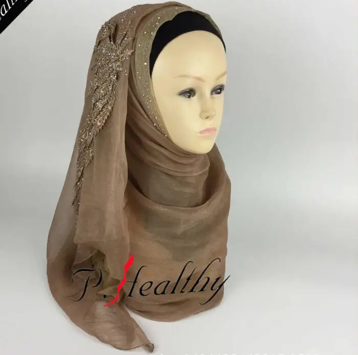 Великолепный вышитый Алмазный Свадебный хиджаб мусульманский шарф шаль ислам женский платок двухслойный двухцветный хиджаб для невесты - Цвет: 4