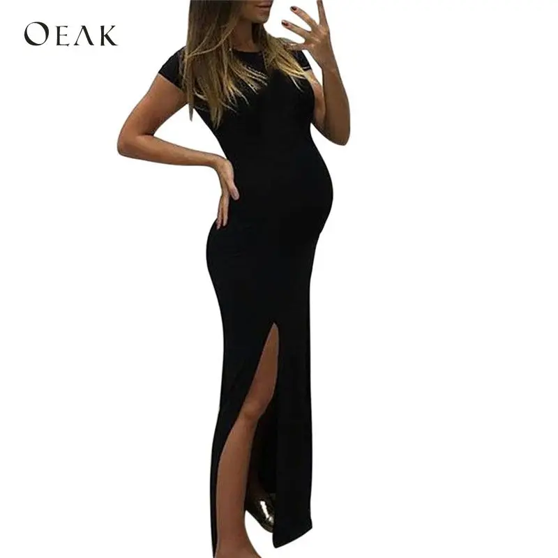 Oeak модные женские туфли платье твердый облегающие длинные платья для беременных короткий рукав открытым вилка для беременных платье