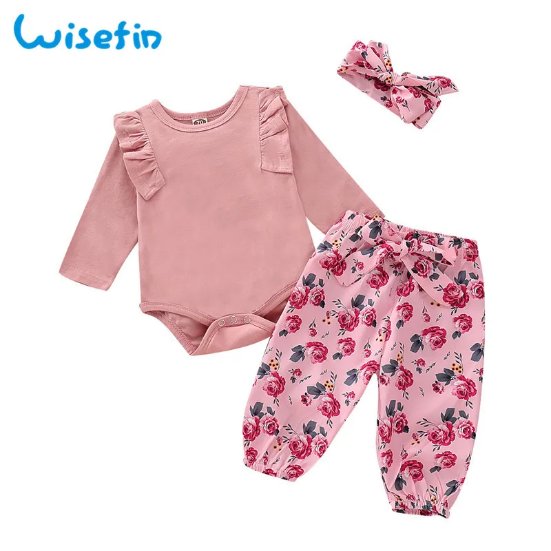 

Bodysuits Cotton Cute floral ruffles girls summer 3pcs infant clothing newborn baby girls clothes set ff headband bebek giyimP20