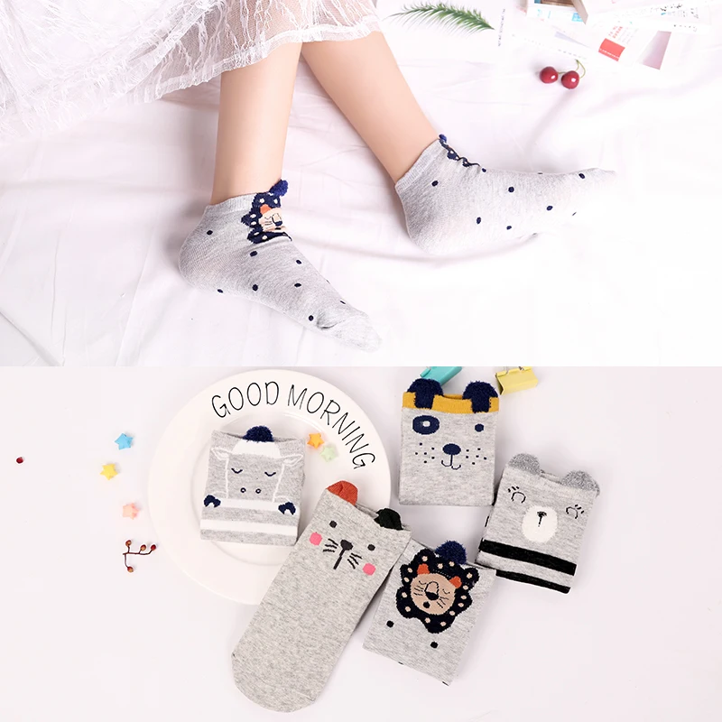 5Pairs Spring New Arrivl Women Cotton Socks Gray Gray striped Cartoon Lion Cute Ankle Socks Casual Animal Ear Gril Socks 35-40