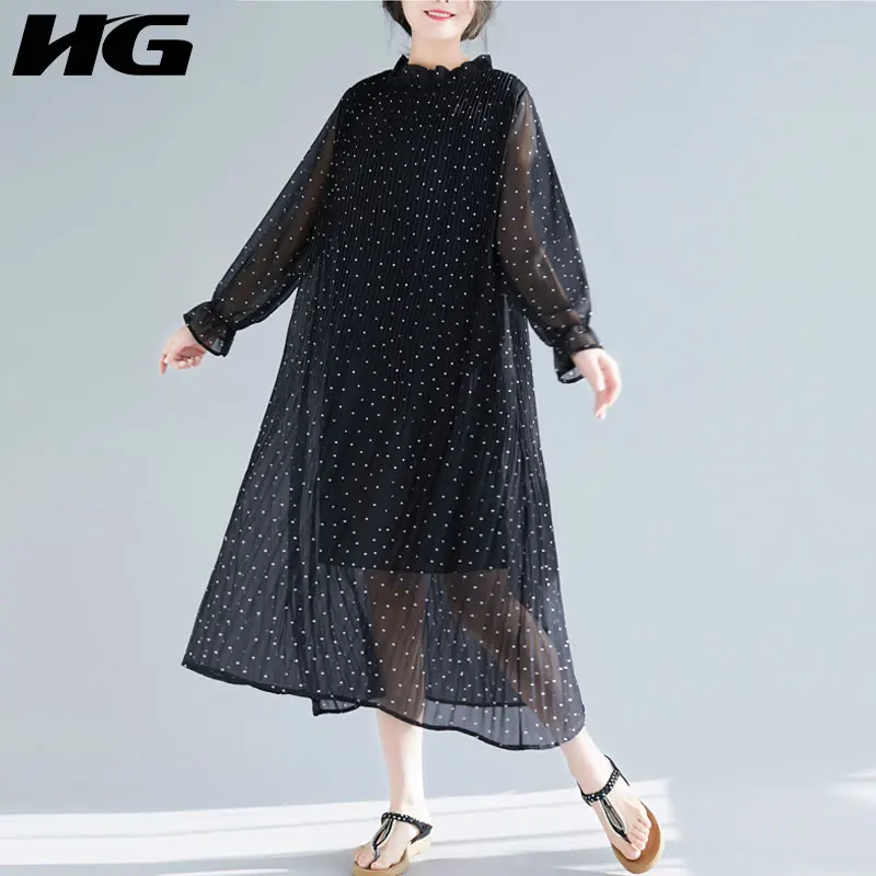 

HG Print Dot Plus Size Women Long Dress Chiffon Sundress Elegant Lady Vestidos Loose Pleated Female Clothes 2019 New XJ1775
