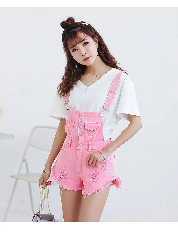 Denim Bibs Schoolgirl 2018 Spring New Loose Korean Thin Thin hole Flashes Fringe Shorts (15)