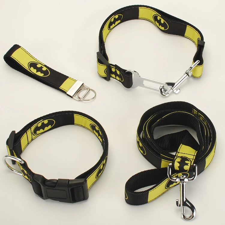 

New single sell Dog Leash, Dog Collar, Safety Belt,Key Fob ,1 inch batman pattern printed ribbon