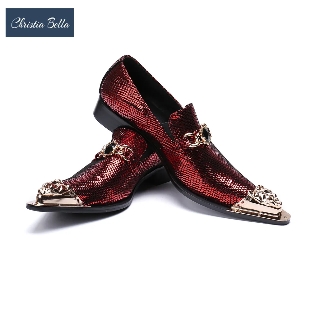 

Christia Bella Slip On Luxury Party Wedding Gentleman Dress Shoes Plus Size Fashion Embossed Leather Metal Star Chain Men Loafer