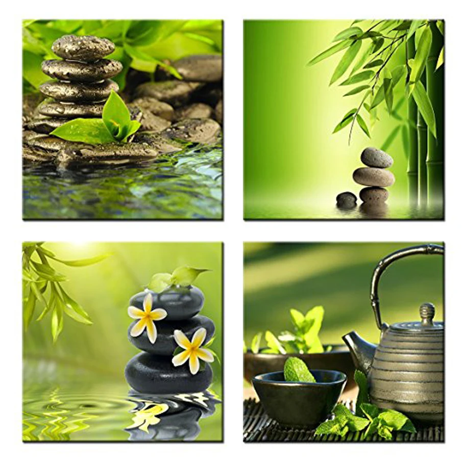 4 шт. Холст Искусство зеленая бамбуковая галька фотообои для дома Модульная