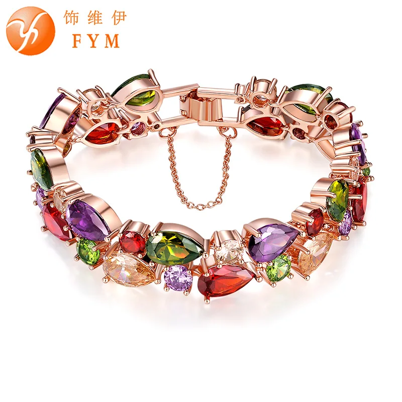 

FYM Luxury Mona Lisa CZ Bracelet Trendy Rose Gold Color Colorful Friendship Bracelet for Women Bride Girlfriend Jewelry