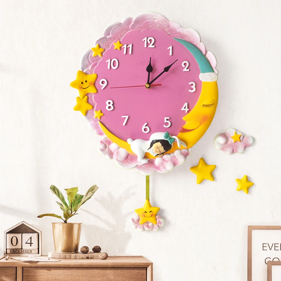 

Cute pink fairy style cartoon home wall clock moon little girl swing stars children's room decorative wall clock