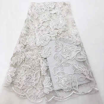 

2019 African Lace Fabric Beige High Quality African Tulle Lace Fabric 5Yards 3 d Flowers Embroidered Tulle Lace