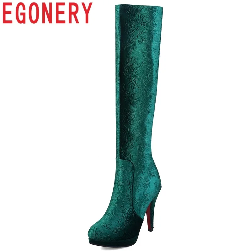 

EGONERY Brand Elegance Flower sexy spring winter knee high boots size 11 cm super high thin heels women shoes large size 32-44