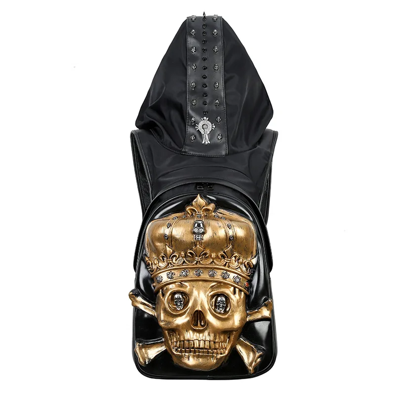 

Skull Backpack black Laptop Bag Silica gel 3D pattern PU Waterproof Backpack Physiological curve back Hidden zipper pocket