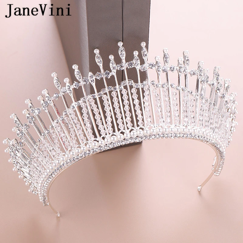 

JaneVini Luxury White Bridal Tiaras and Wedding Crowns Beaded Crystal Princess Pageant Headwear Wedding Jewelry Hair Accessories