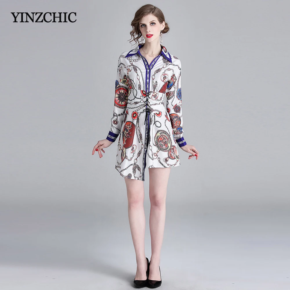

Vintage Woman Print Dress Spring New Mini Dresses Woman Turn-down Collar Female Mini Shirt Dress OL Straight Short Dress