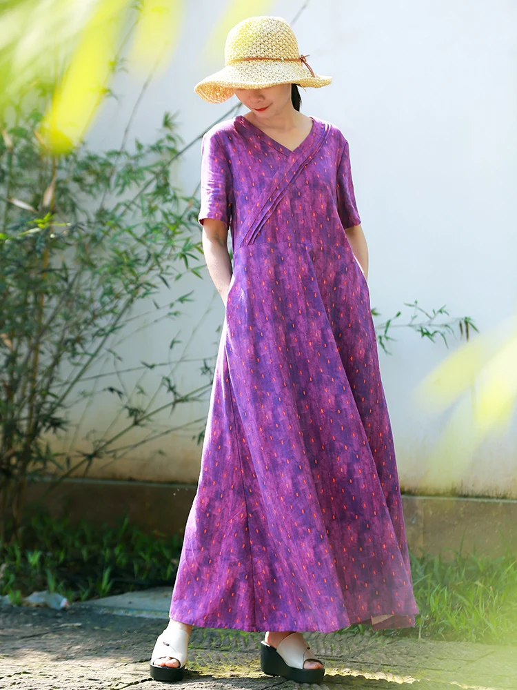 LZJN V-Neck Short Sleeve Dresses New Women High Waist Vintage Purple Color 2019 Summer Cotton Linen Maxi Pockets Dresses (20)