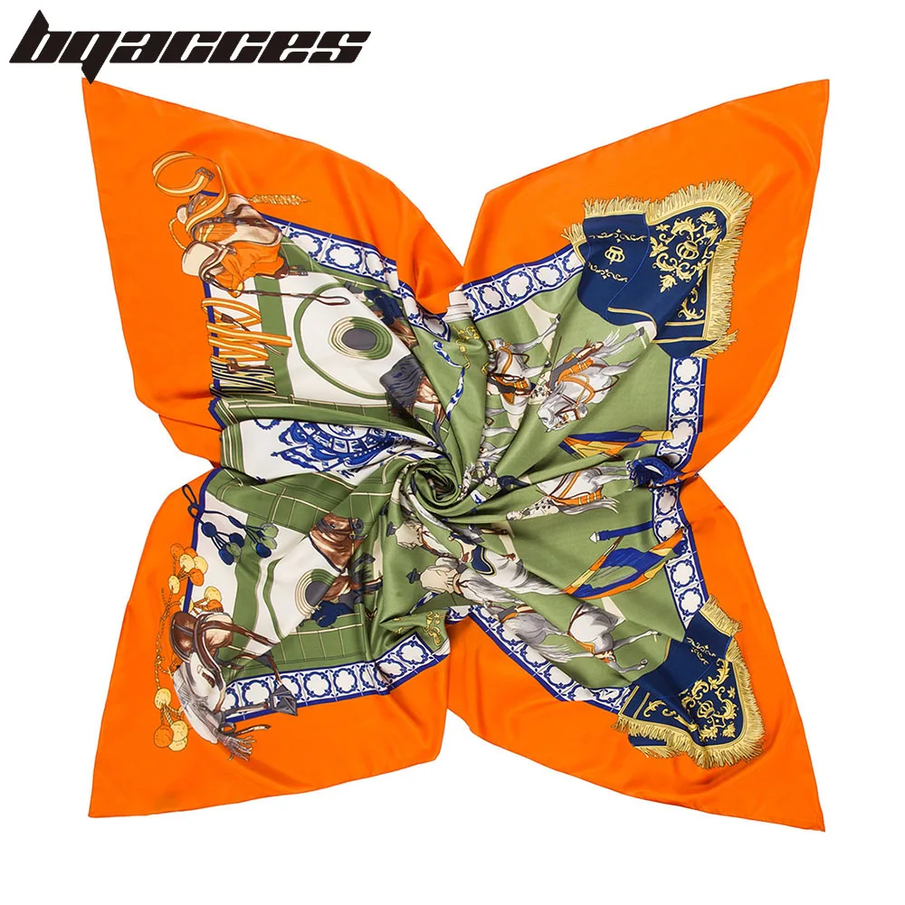 

[BQACCES] Luxury Brand 130*130 Twill Silk Square Scarf Neckerchief Horse Race Print Hijab Shawl Wrap Female Scarf Large Bandana