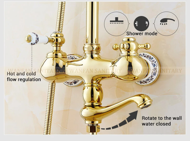 Смесители для душа Роскошные Латунь Дождь Душ Дурал ручка настенное крепление золото Ванная комната кран с горкой бар ванной кран wf-18049
