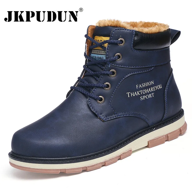 

JKPUDUN Winter Warm Fur Work Ankle Boots Men Leather Casual Shoes Fashion Mens Martin Military Boots Waterproof Botas Plus Size
