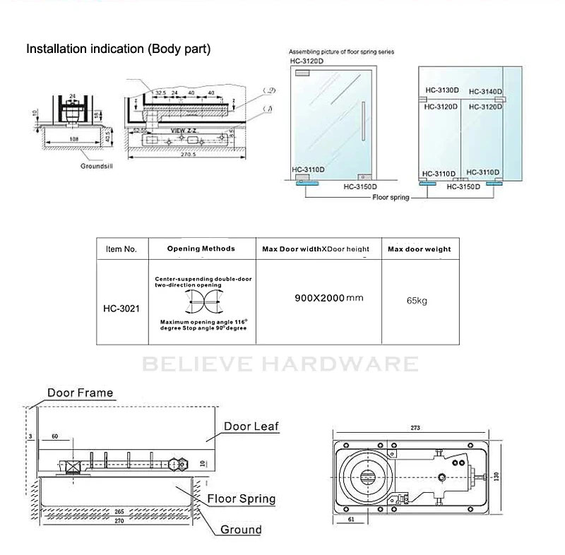 90Kgs грузоподъемность напольная пружина гидравлический контрольный буфер нижний шарнир для стеклянной дверная установка HC-3021G