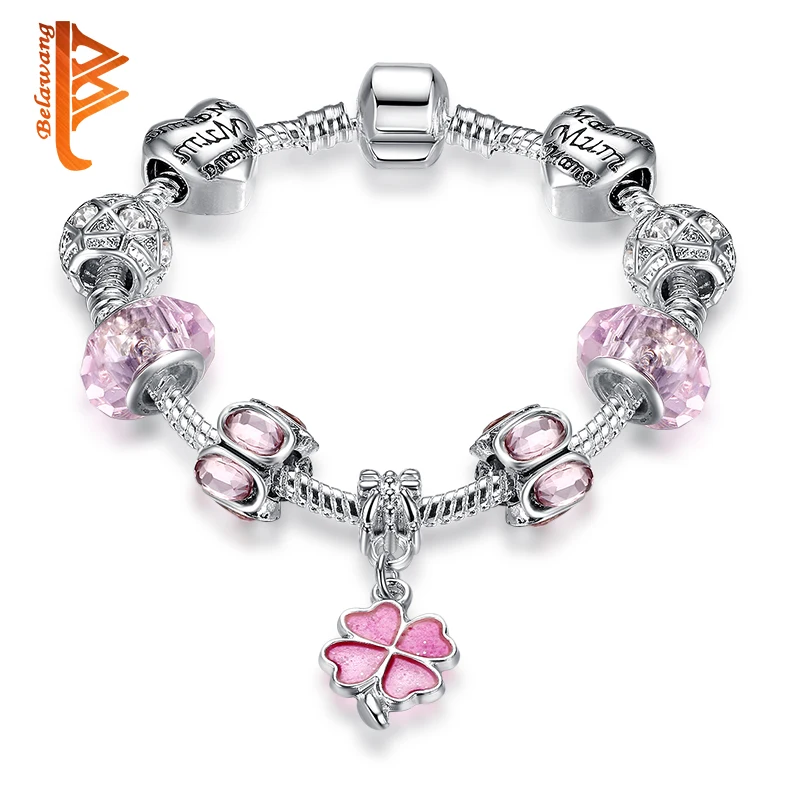 

BELAWANG Vintage Silver Charms Bracelet for Women Pink Enamel Clover Crystal DIY Beads Original Bracelet Jewelry Making