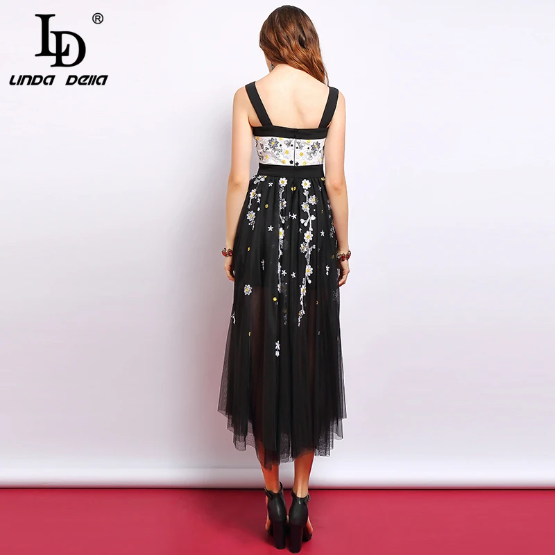 Женское вечернее винтажное платье LD LINDA DELLA, модельное длинное сетчатое платье черного цвета из нескольких слоев на бретелях-спагетти с цветочной вышивкой, лето