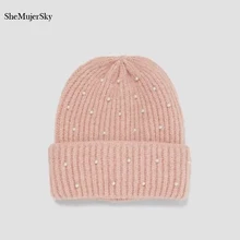 SheMujerSky, женская шапка, вязаная, толстая, шапочка, шапки, одноцветные, теплые, зимние, с бисером, шапки, модные, брендовые, шапочки