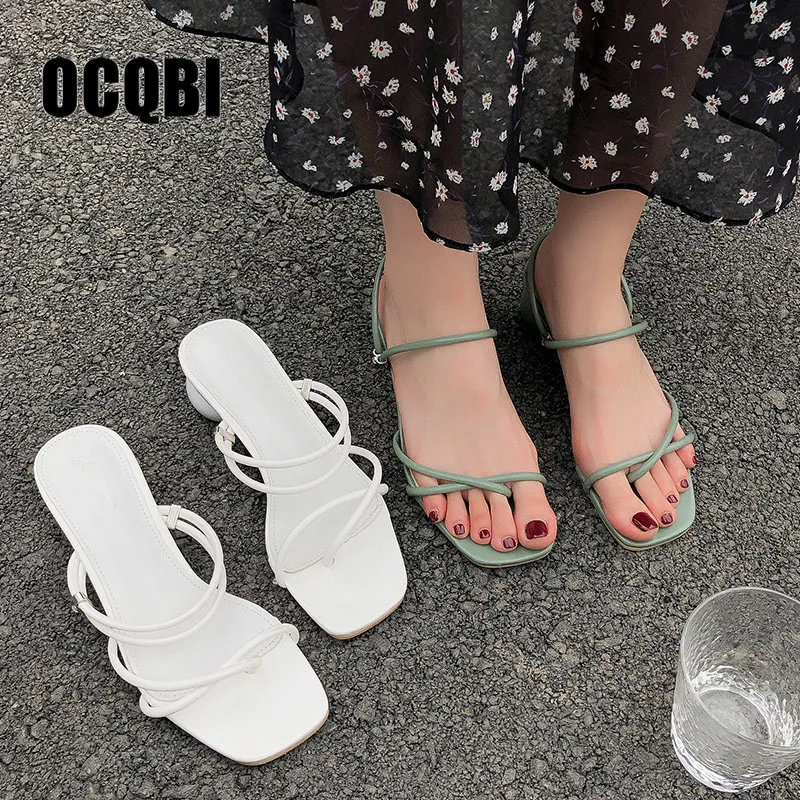 

White Low Heels Sandals For Summer Narrow Band Round Heel Vintage Open Toe Heels Sandals Concise Ladies Shes For Party