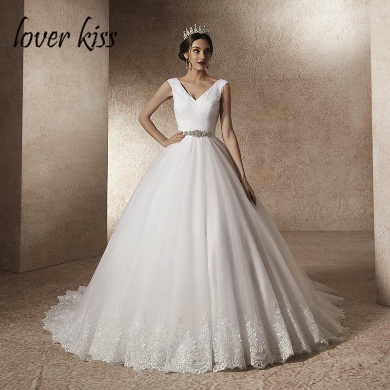 Lover Kiss Vestido De Noiva простое вдохновленное Плиссированное Тюлевое свадебное платье кружевное ювелирное створки v-образный вырез, свадебные платья robe mariage