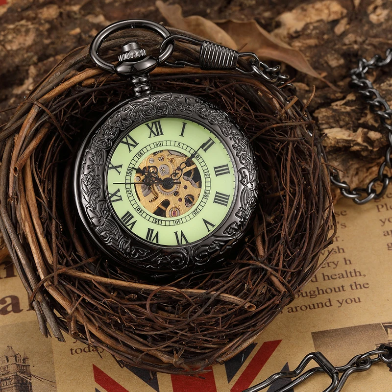 Черные римские цифры Механические карманные часы Для мужчин Для женщин резьба Ретро прозрачный Стекло с цепочкой Роскошные Винтаж часы
