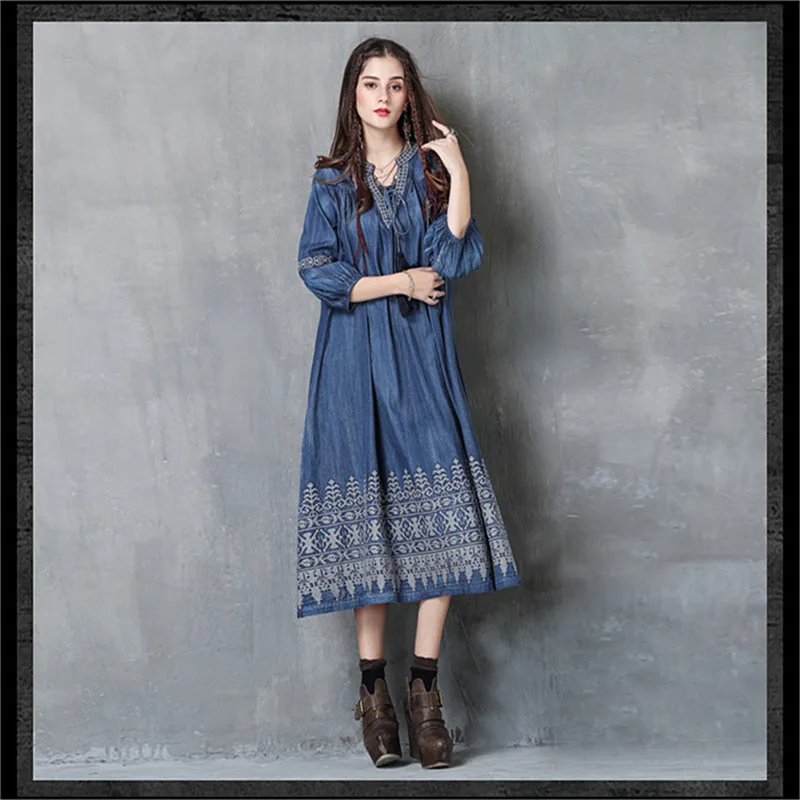 Women Tassel Dress Vestido 2019 Spring New Denim Vestidos V-Neck Three Quarter Lantern Sleeve Flower Embroidery Vintage Dresses (10)